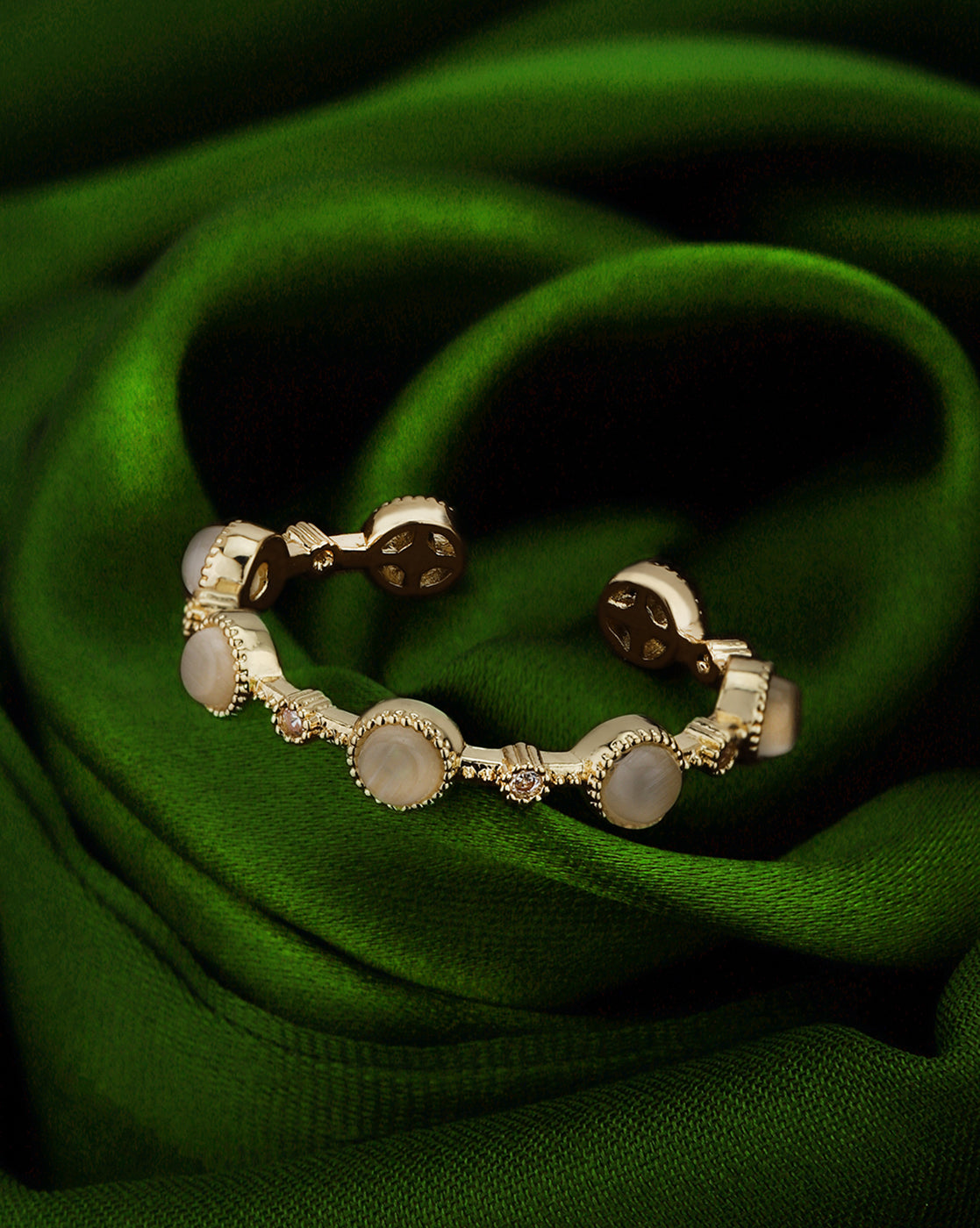 Gold Plated Stylish CZ &amp; Pastel Pink Stone Studded Adjustable Band Ring