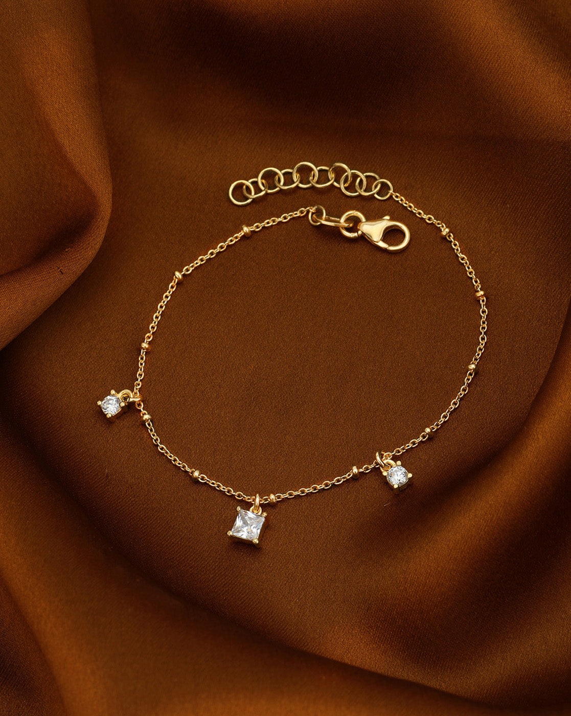18kt Gold Plated with Dangling Round &amp; Square Solitaire Charm Adjustable Bracelet