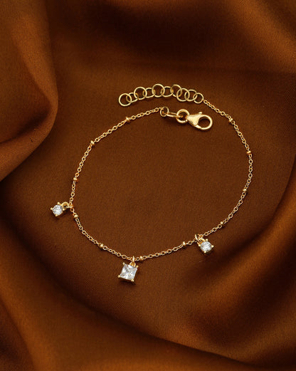 18kt Gold Plated with Dangling Round &amp; Square Solitaire Charm Adjustable Bracelet