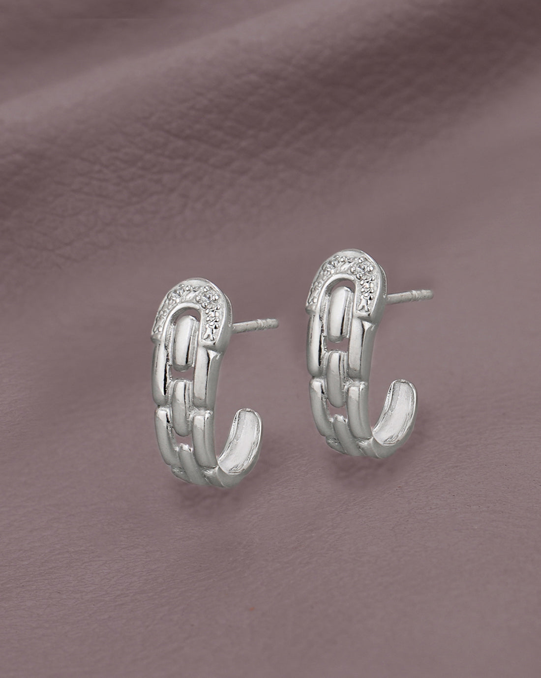 925 Sterling Silver Rhodium Plated CZ Interlock Chain Half Hoop Earring