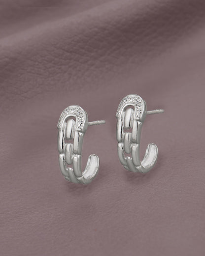 925 Sterling Silver Rhodium Plated CZ Interlock Chain Half Hoop Earring