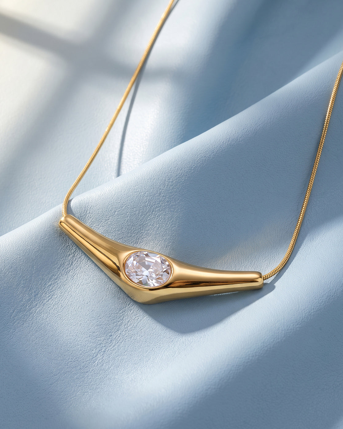 Gold Plated Curved Solitaire Studded Bar Pendant and Snake Chain