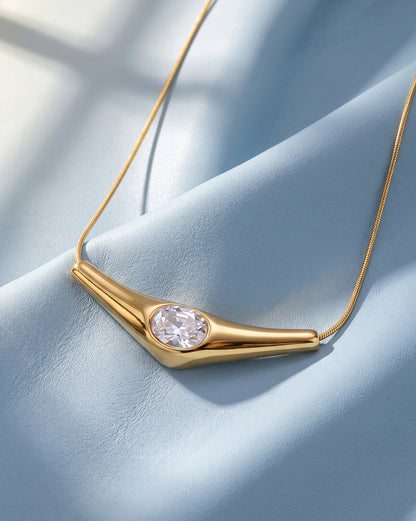 Gold Plated Curved Solitaire Studded Bar Pendant and Snake Chain