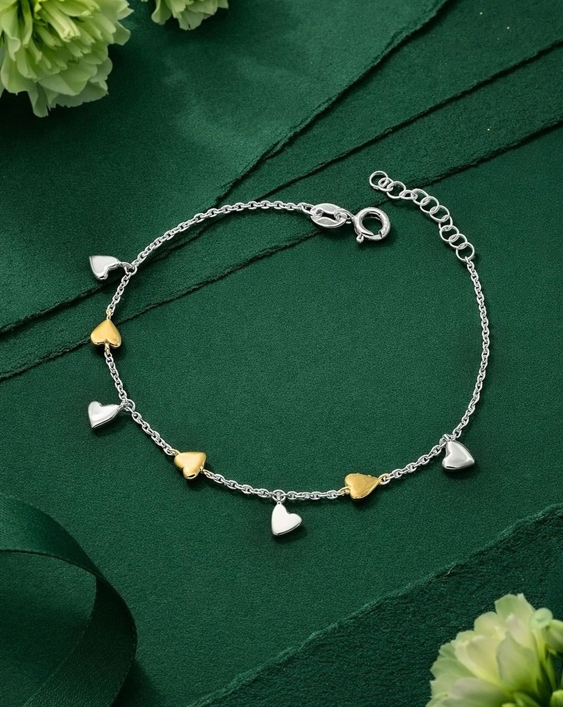 925 Sterling Silver Rhodium Plated Heart Charm Bracelet