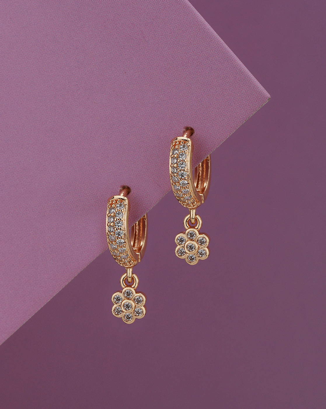 Rose Gold Plated CZ Studded Floral Hoop Earring