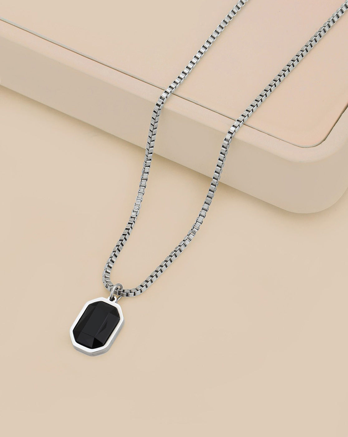 Men Stainless Steel with Black Stone Octagon Pendant and Chain