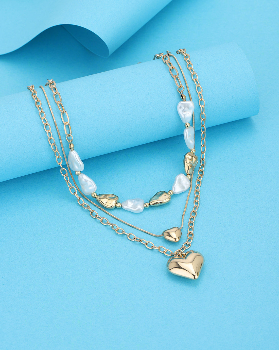 Set of 3 Rose Gold Plated Organic Pearl Puffed Heart &amp; Bead Multilayered Necklace