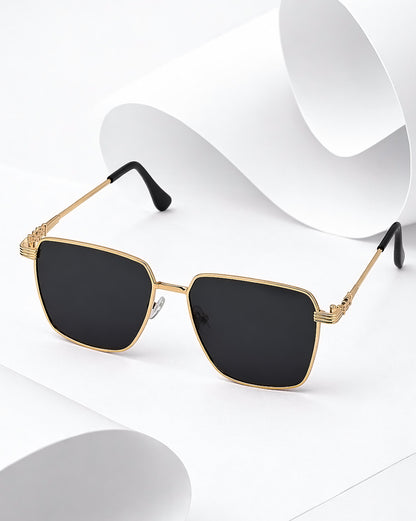Women Gold and Black Toned Black Polarised Lens Rectangle Sunglasses