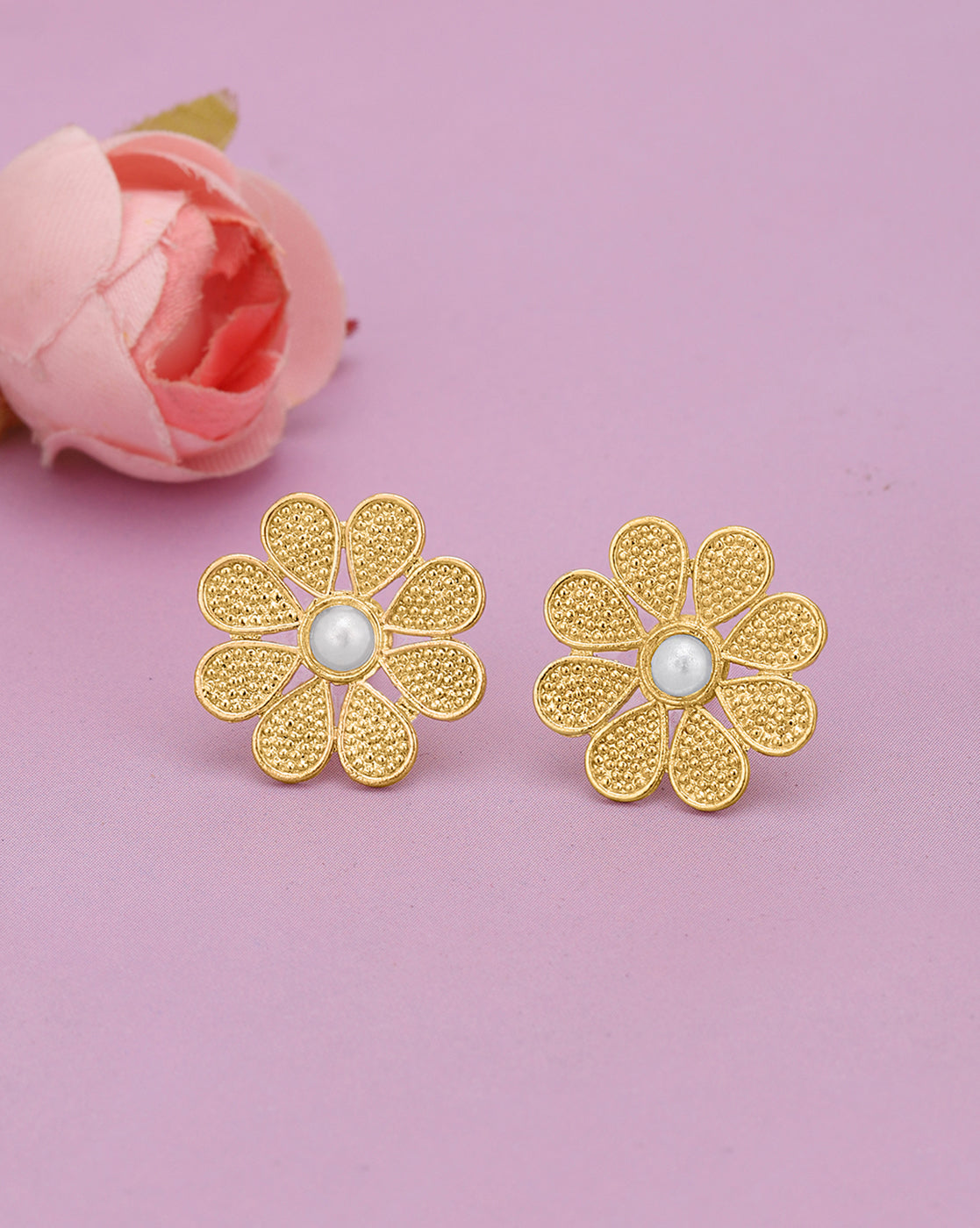 Gold Plated Pearl Textured Blossom Flower Stud Earrings