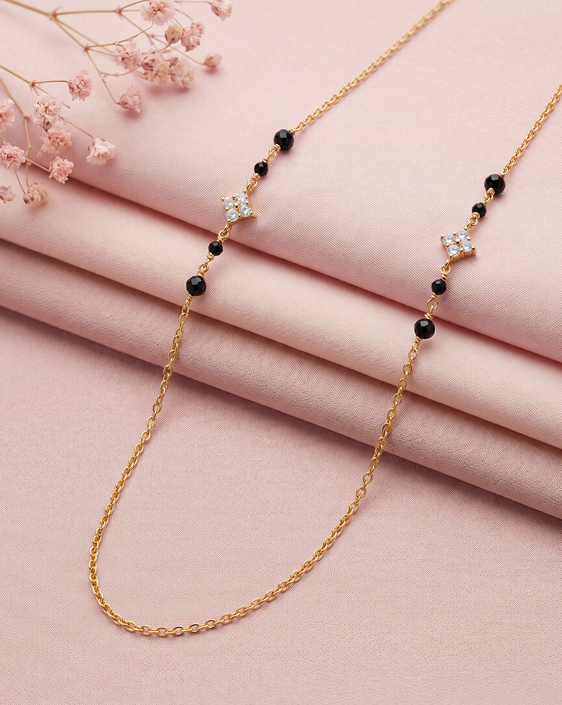 925 Sterling Silver 18kt Gold Plated Natural black bead &amp; CZ Studded Contemporary Mangalsutra