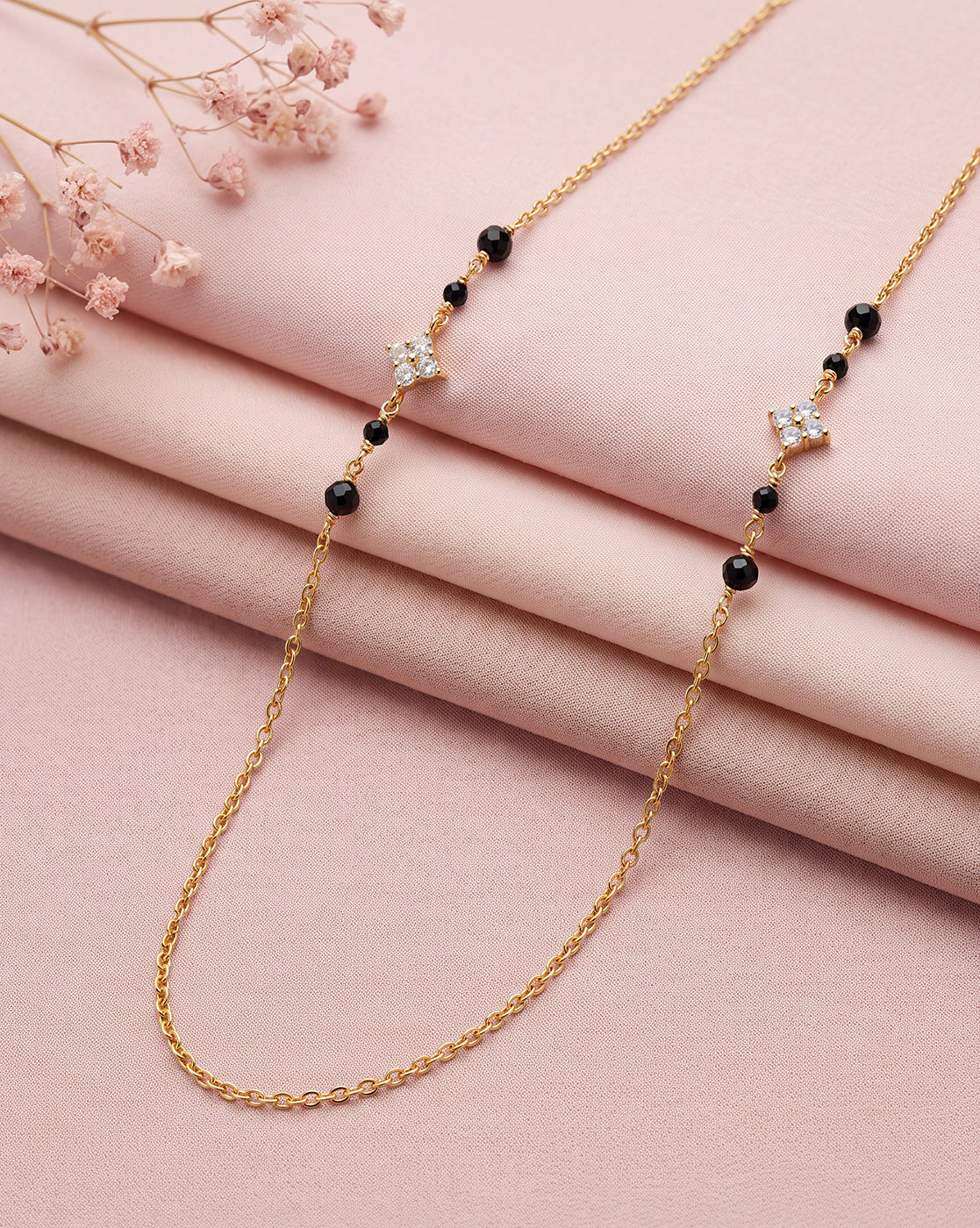 925 Sterling Silver 18kt Gold Plated Natural black bead &amp; CZ Studded Contemporary Mangalsutra