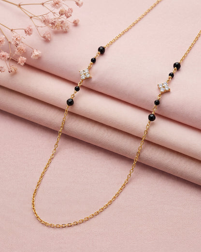 925 Sterling Silver 18kt Gold Plated Natural black bead &amp; CZ Studded Contemporary Mangalsutra