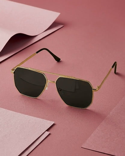 Women Gold and Black Toned Black Polarised Lens Rectangle Sunglasses