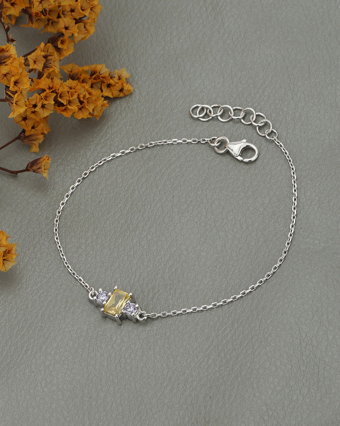 Rhodium Plated with Citrine-Yellow Baguette CZ and Lavender Round CZ Minimalistic Charm Adjustable Bracelet