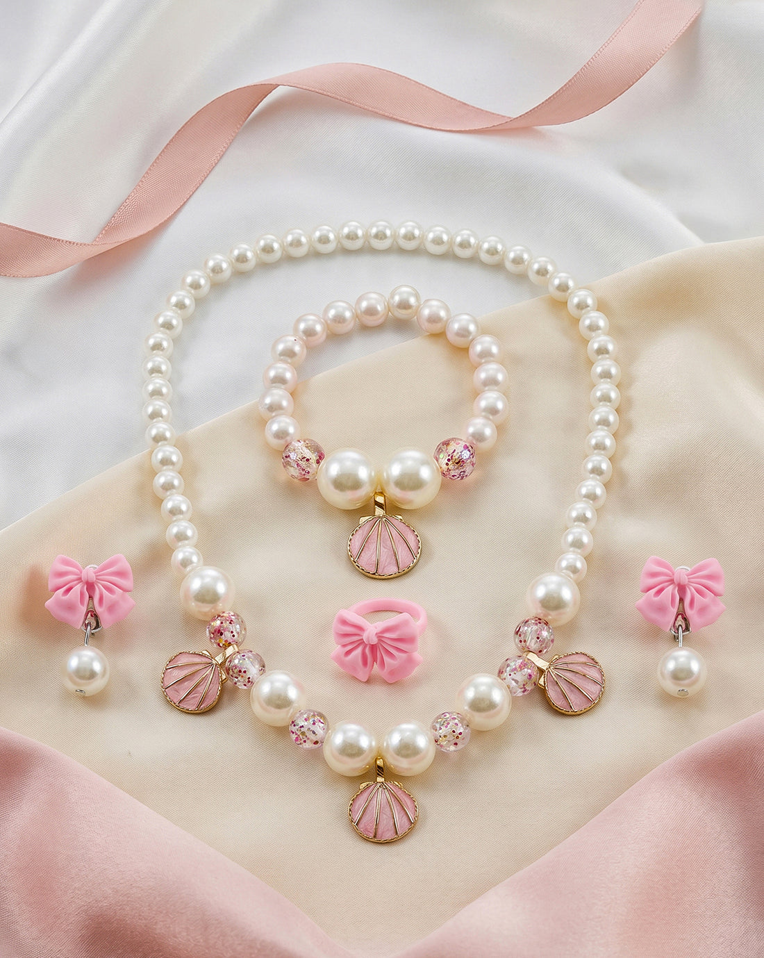 Girls Pink Shell &amp; Pearl Jewellery Set