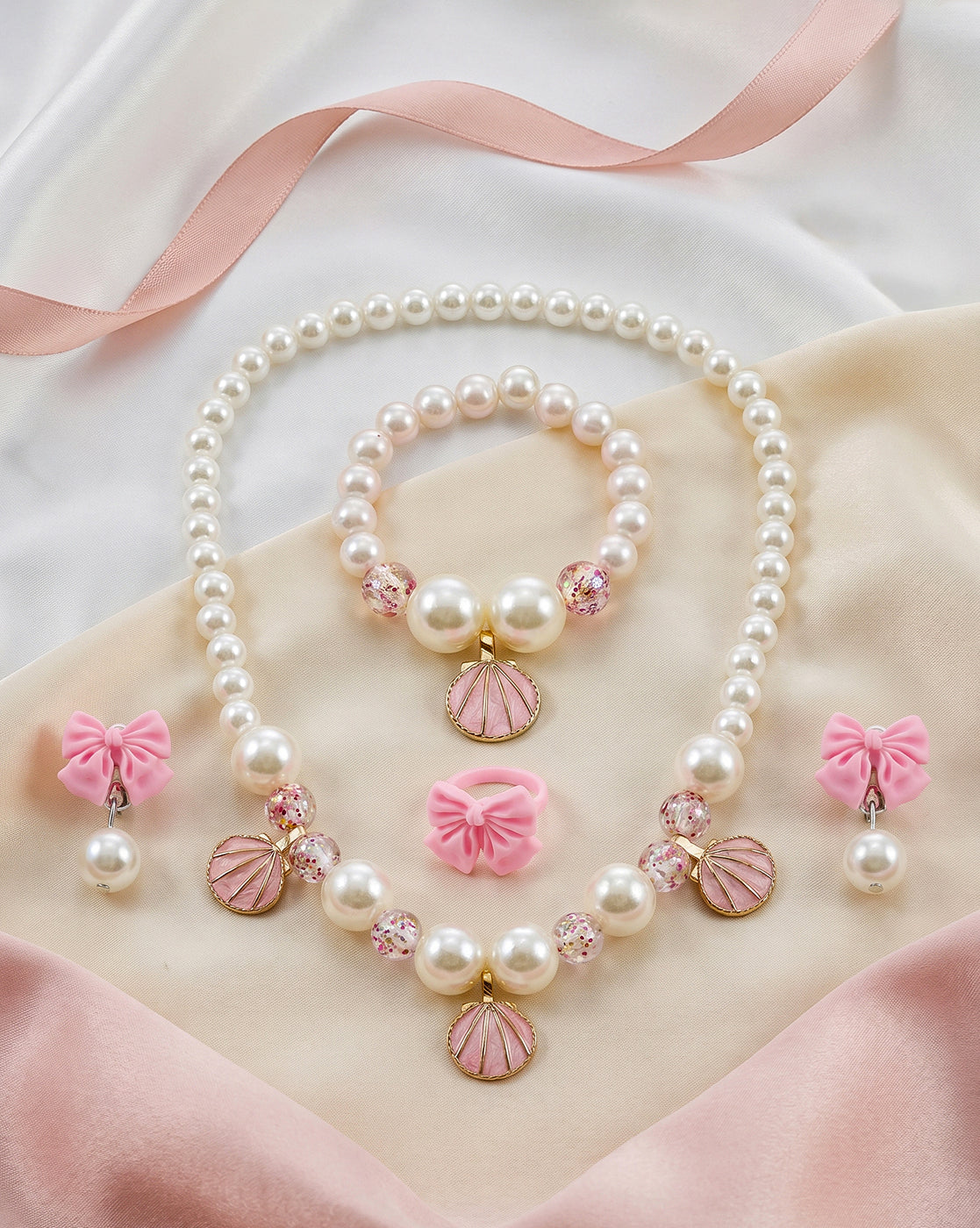 Girls Pink Shell &amp; Pearl Jewellery Set