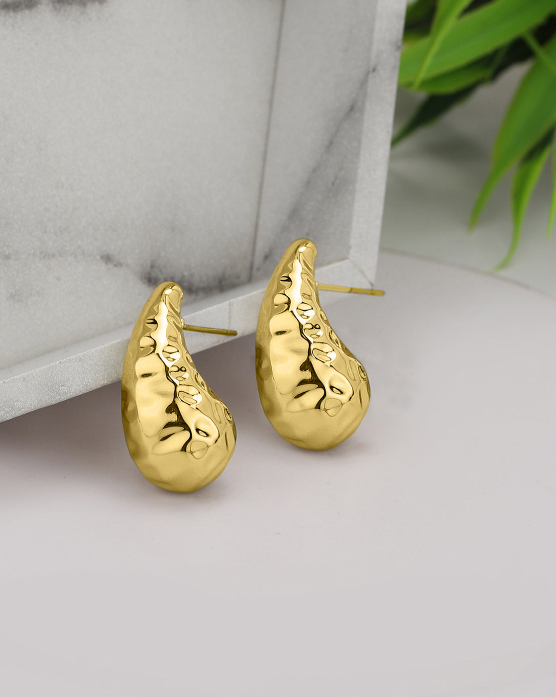 Gold Plated Bold Tear Drop Textured Stud Earring