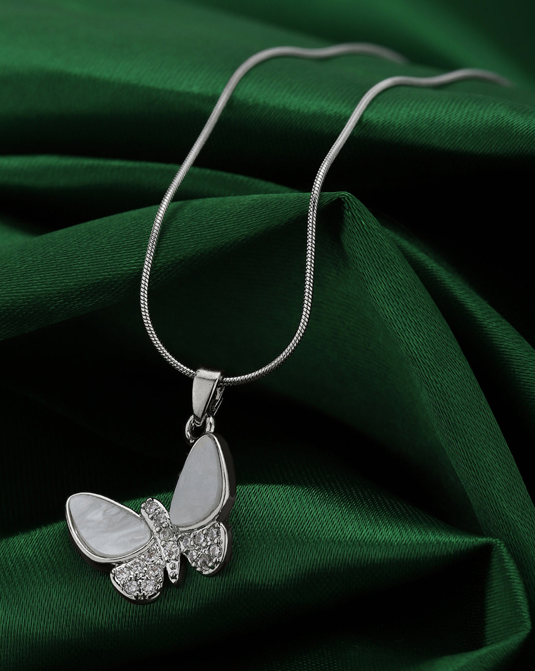 Silver Plated CZ Mother-of-Pearl Look Shell Butterfly Pendant and Stainless Steel Chain