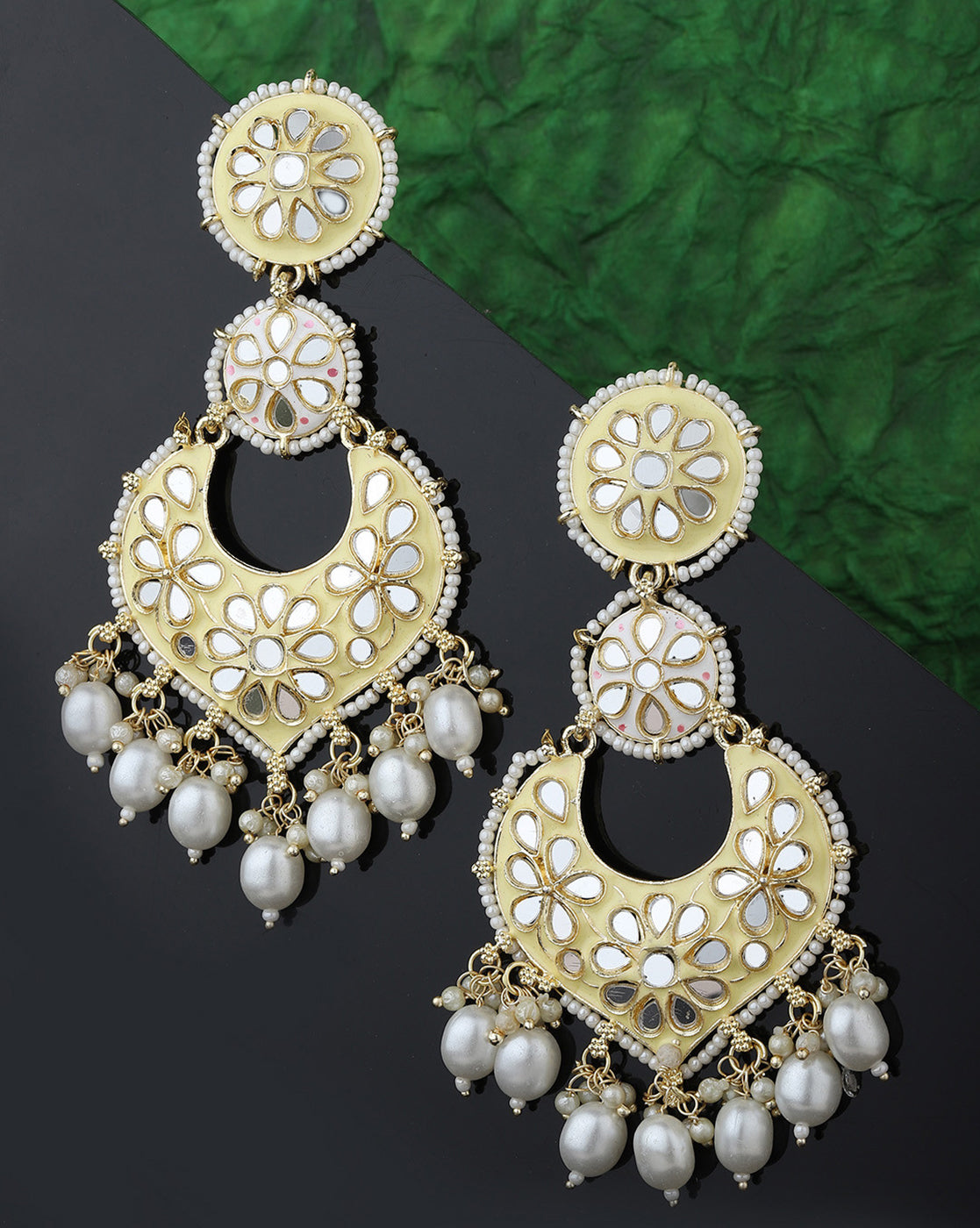 Gold Plated Mirror Studded Enamel &amp; Pearl Chandbali Earrings