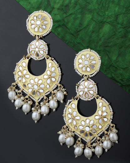 Gold Plated Mirror Studded Enamel &amp; Pearl Chandbali Earrings