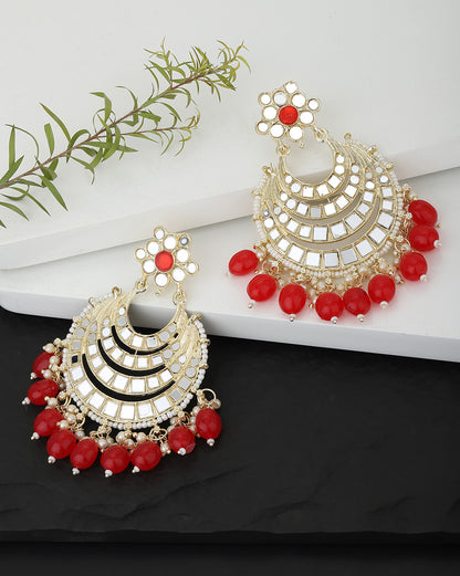 Gold Plated Mirror-Detail Layered Chandbali Earrings with Red Bead Drops