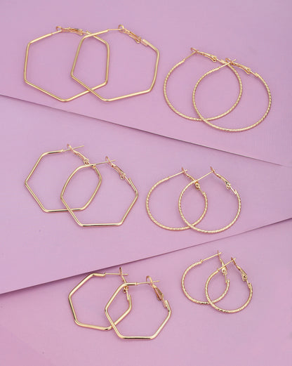 Multipack Set of 6 Gold Plated Geometric Bold Hoop Earring