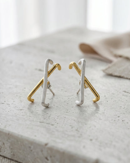 18kt Gold &amp; Rhodium Plated Crossover Stud Earring