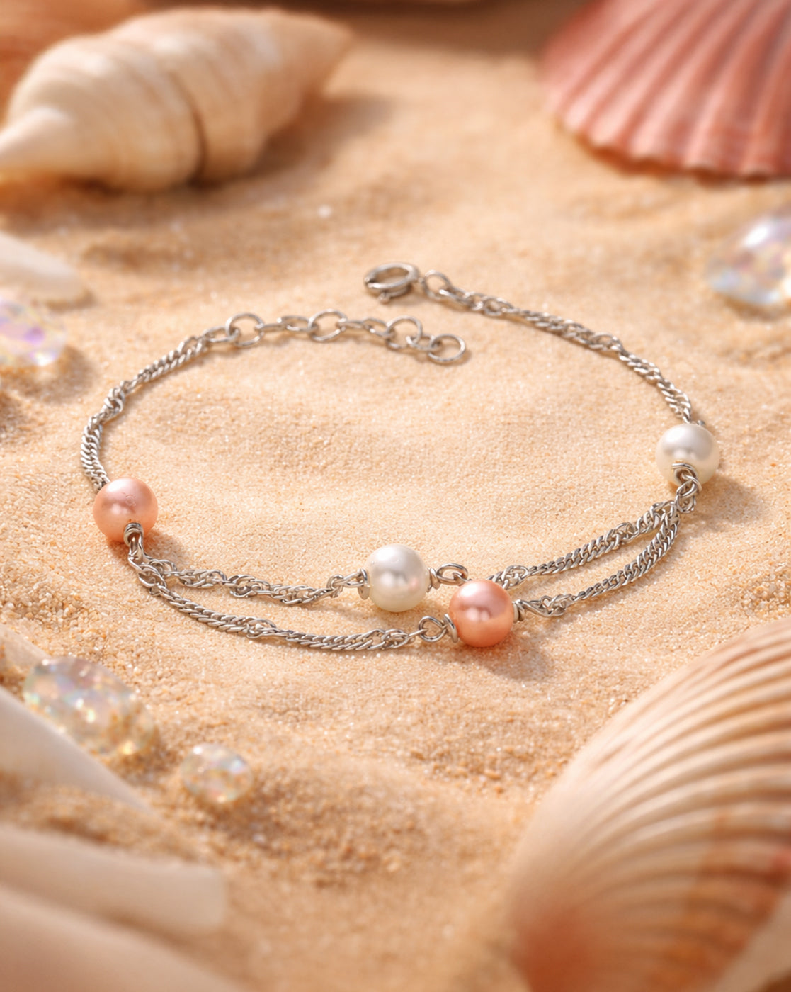 Rhodium Plated Pearl Wraparound Adjustable Bracelet
