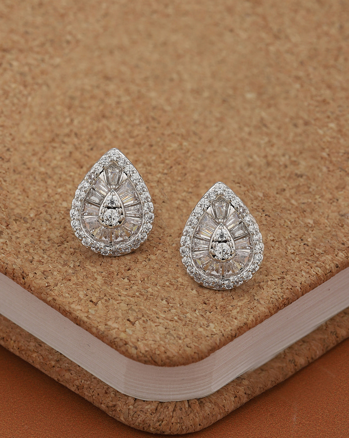 Silver Plated Designer CZ Studded Teardrop Bold Studs
