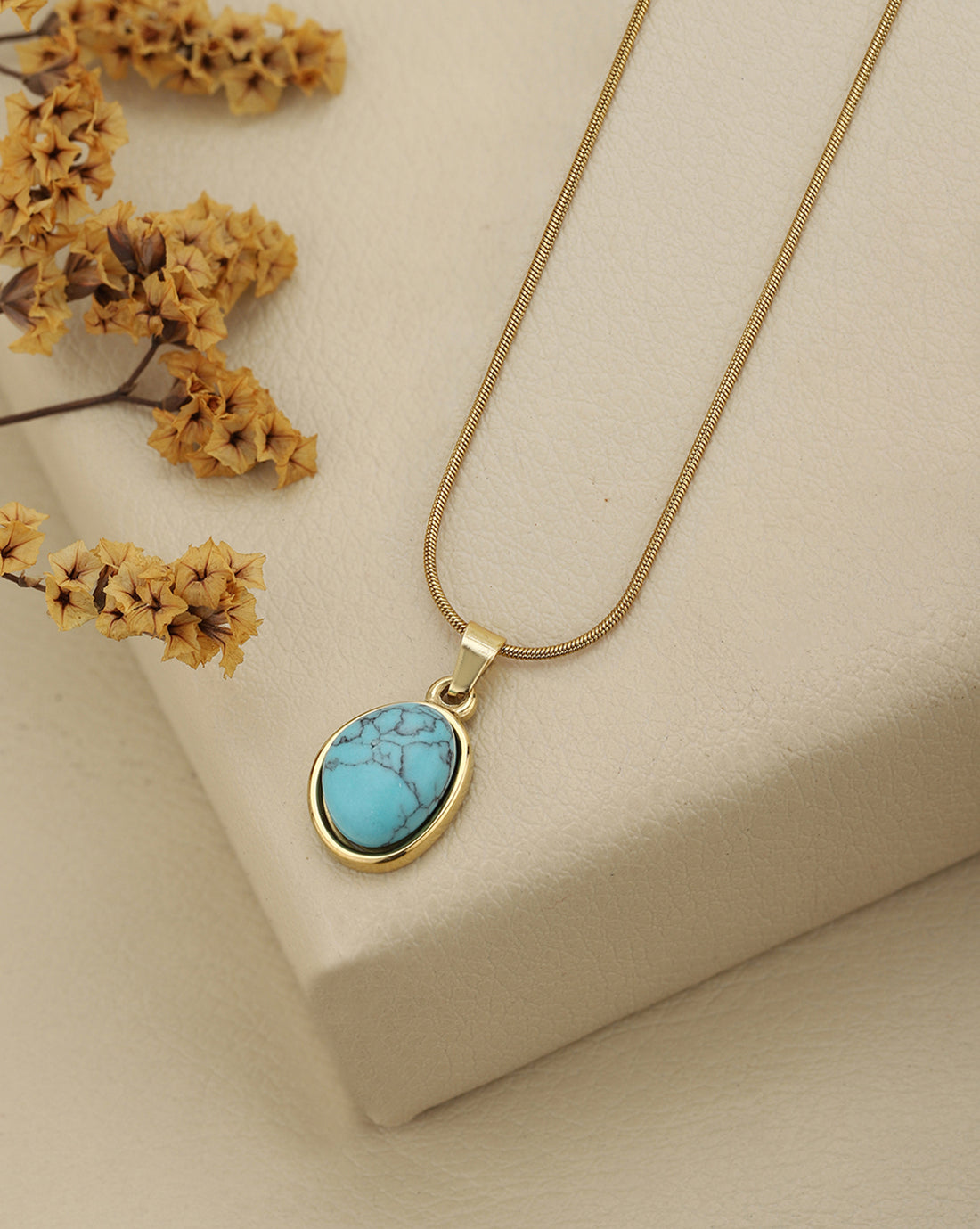 Gold Plated Turquoise Pendant and Antique Stainless Steel Chain