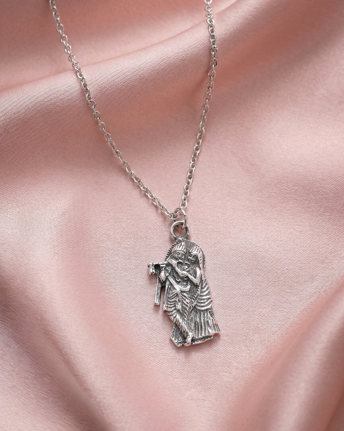 Rhodium Plated Radha and Krishna Oxidised Pendant and Chain for Unisex