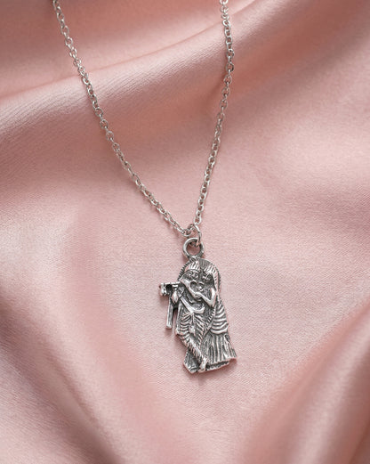 Rhodium Plated Radha and Krishna Oxidised Pendant and Chain for Unisex