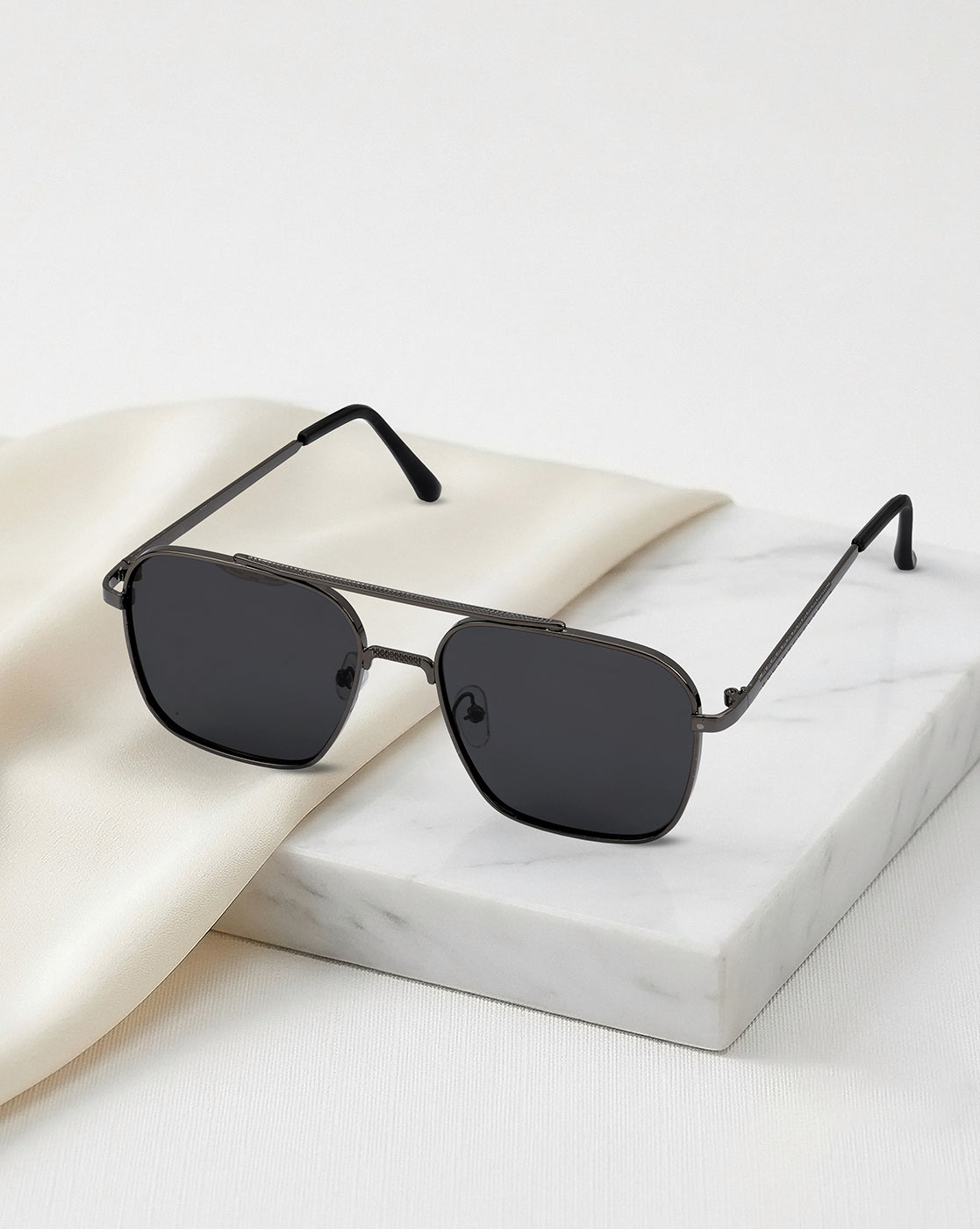 Men Metallic and Black Toned Black Polarised Lens Rectangle Sunglasses