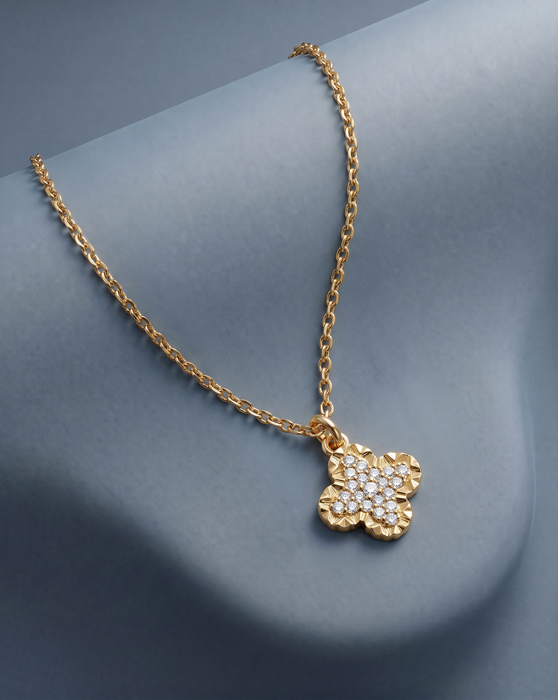 18kt Gold Plated Four-Clover CZ Studded Pendant and Chain