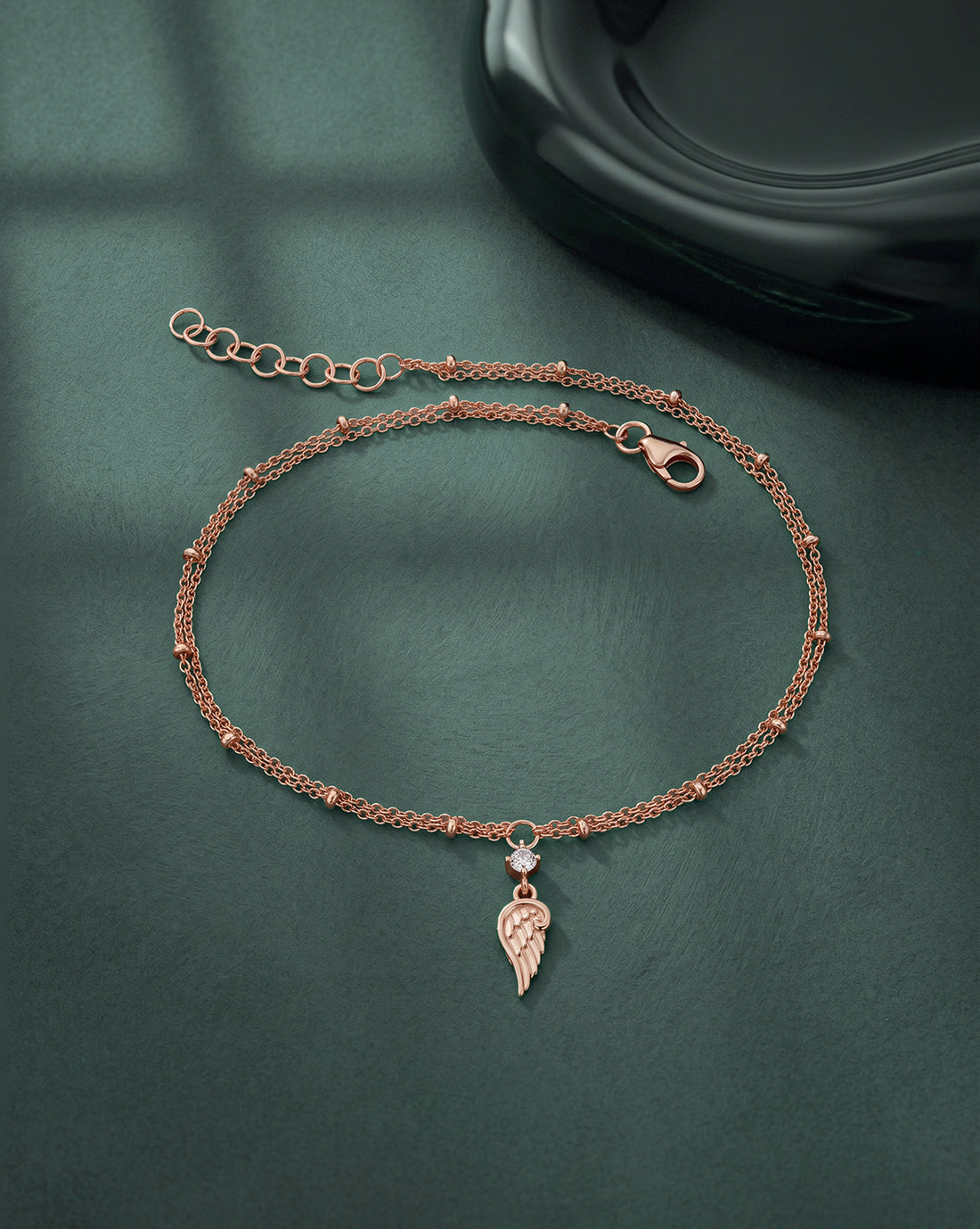 18kt Rose Gold Plated CZ Angel Wing Charm Layered Anklet