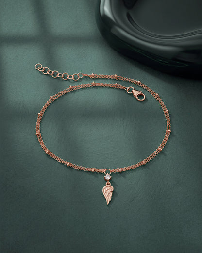 18kt Rose Gold Plated CZ Angel Wing Charm Layered Anklet