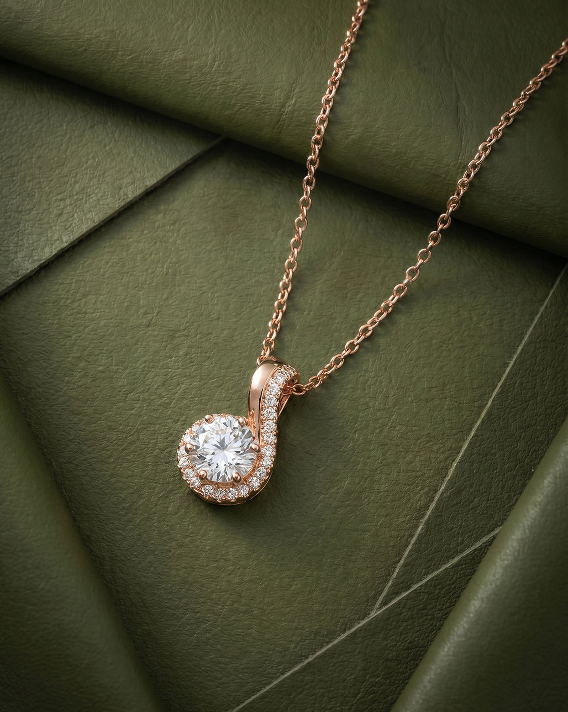 18KT Rose Gold Plated CZ Solitaire Swirl Pendant with Chain