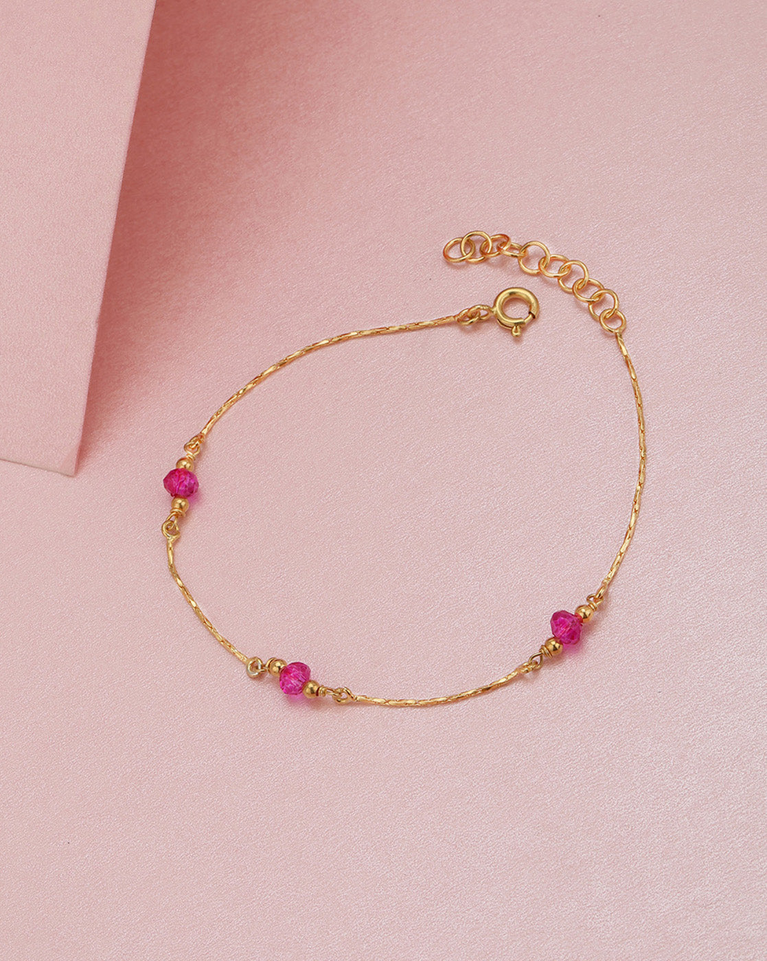 18kt Gold Plated Delicate Fuchsia Bead Charm Adjustable Bracelet
