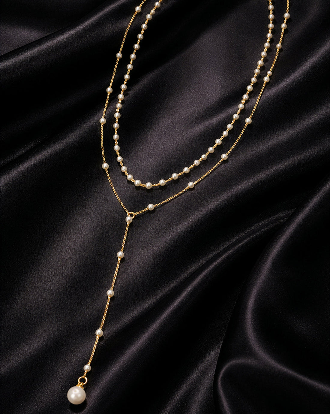 Gold Plated Elegant Pearl Layered Lariat Necklace