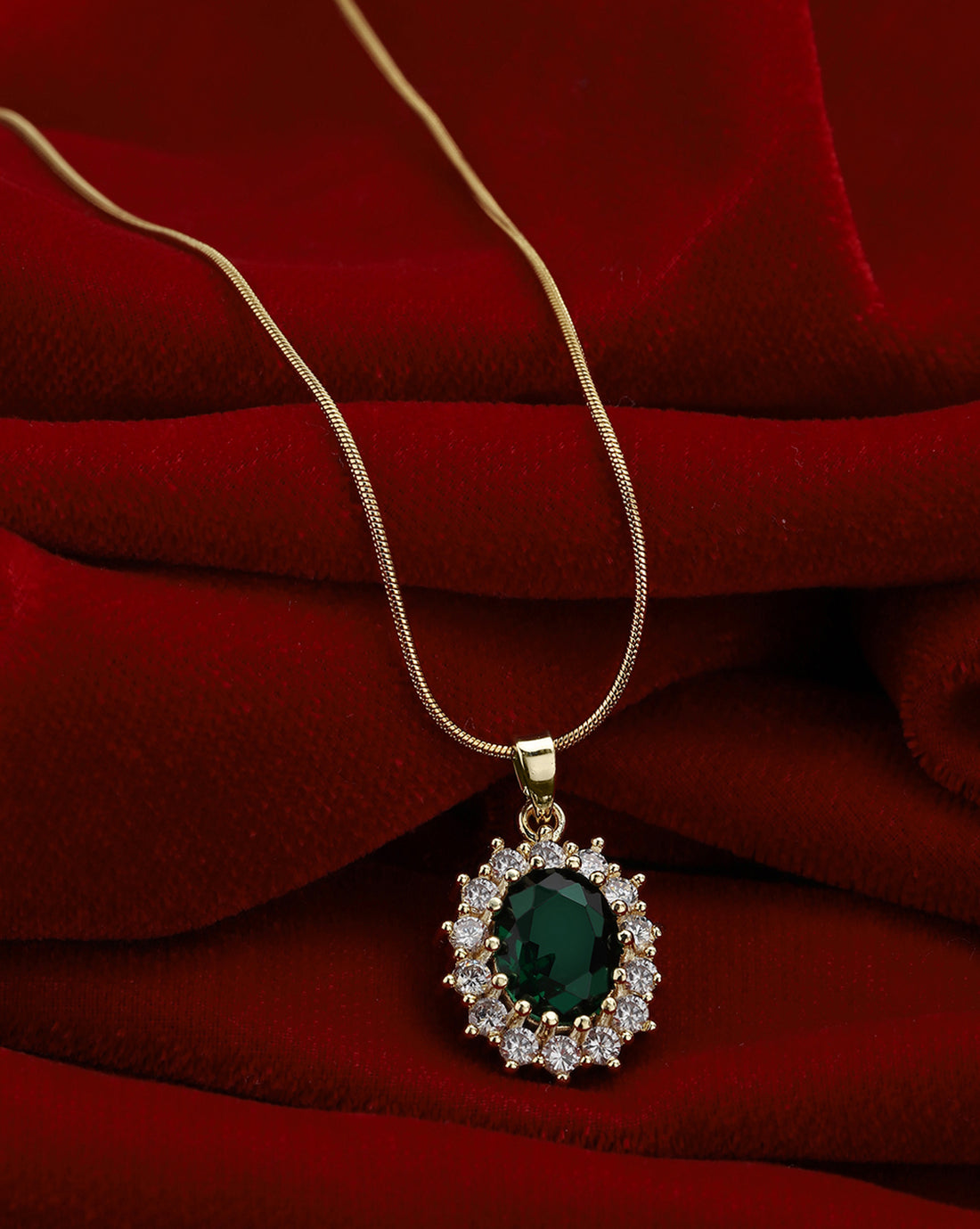Gold Plated Emerald Green CZ Solitaire &amp; Studded Halo Pendant with Chain