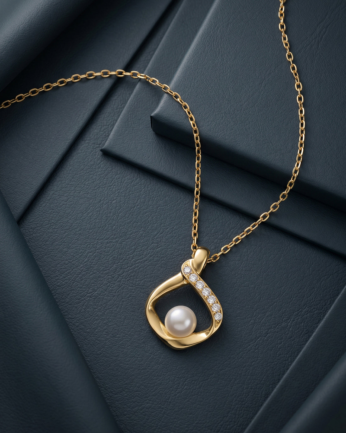 18kt Gold Plated CZ and Pearl Swirl Teardrop Pendant and Chain Necklace