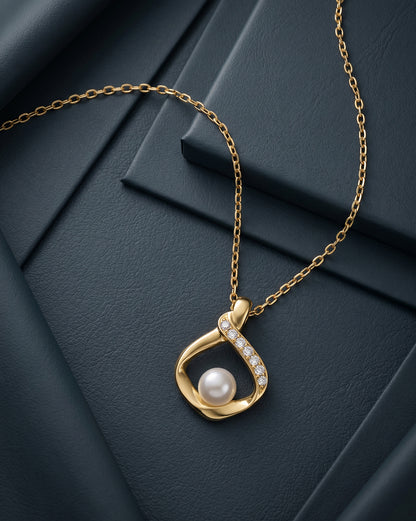 18kt Gold Plated CZ and Pearl Swirl Teardrop Pendant and Chain Necklace