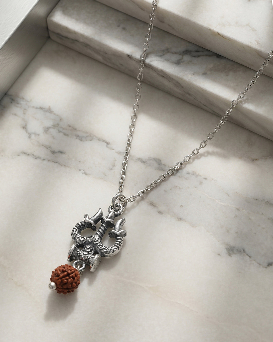 Oxidized Lord Shiva Trishul Damru and Natural Rudraksha Pendant with Chain for Unisex