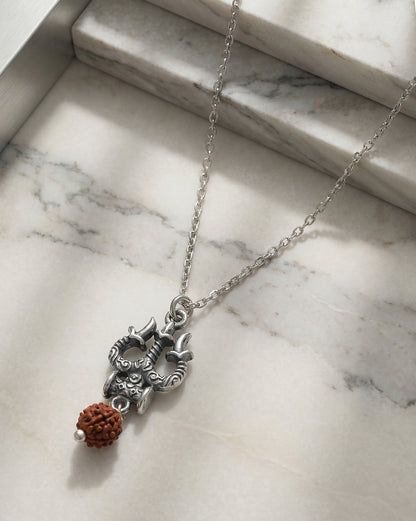 Oxidized Lord Shiva Trishul Damru and Natural Rudraksha Pendant with Chain for Unisex
