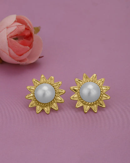 Gold Plated Elegant Pearl Rising Sun Stud Earrings