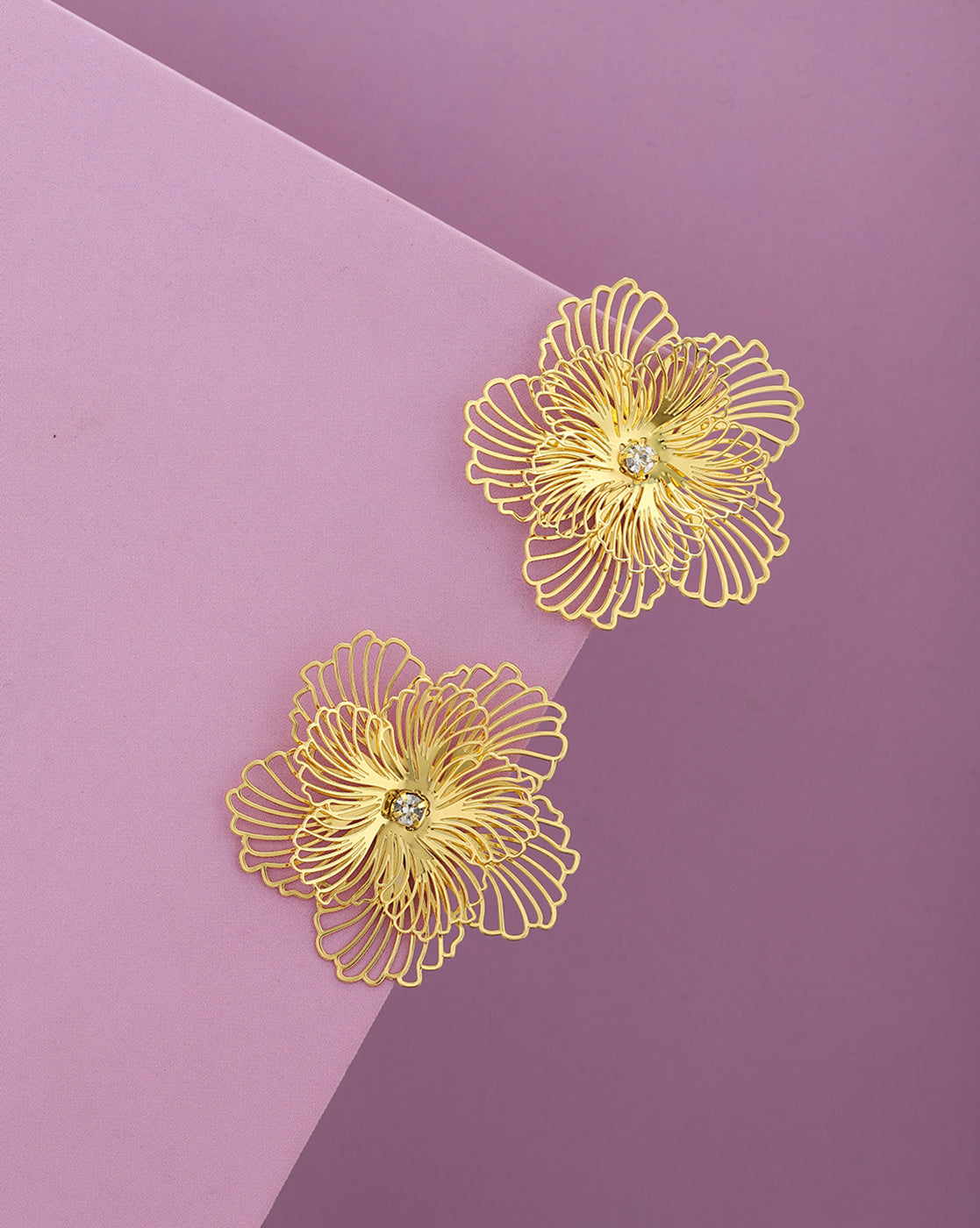 Gold Plated CZ Sparkle Filigree Floral Bold Stud Earring
