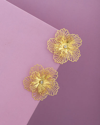 Gold Plated CZ Sparkle Filigree Floral Bold Stud Earring