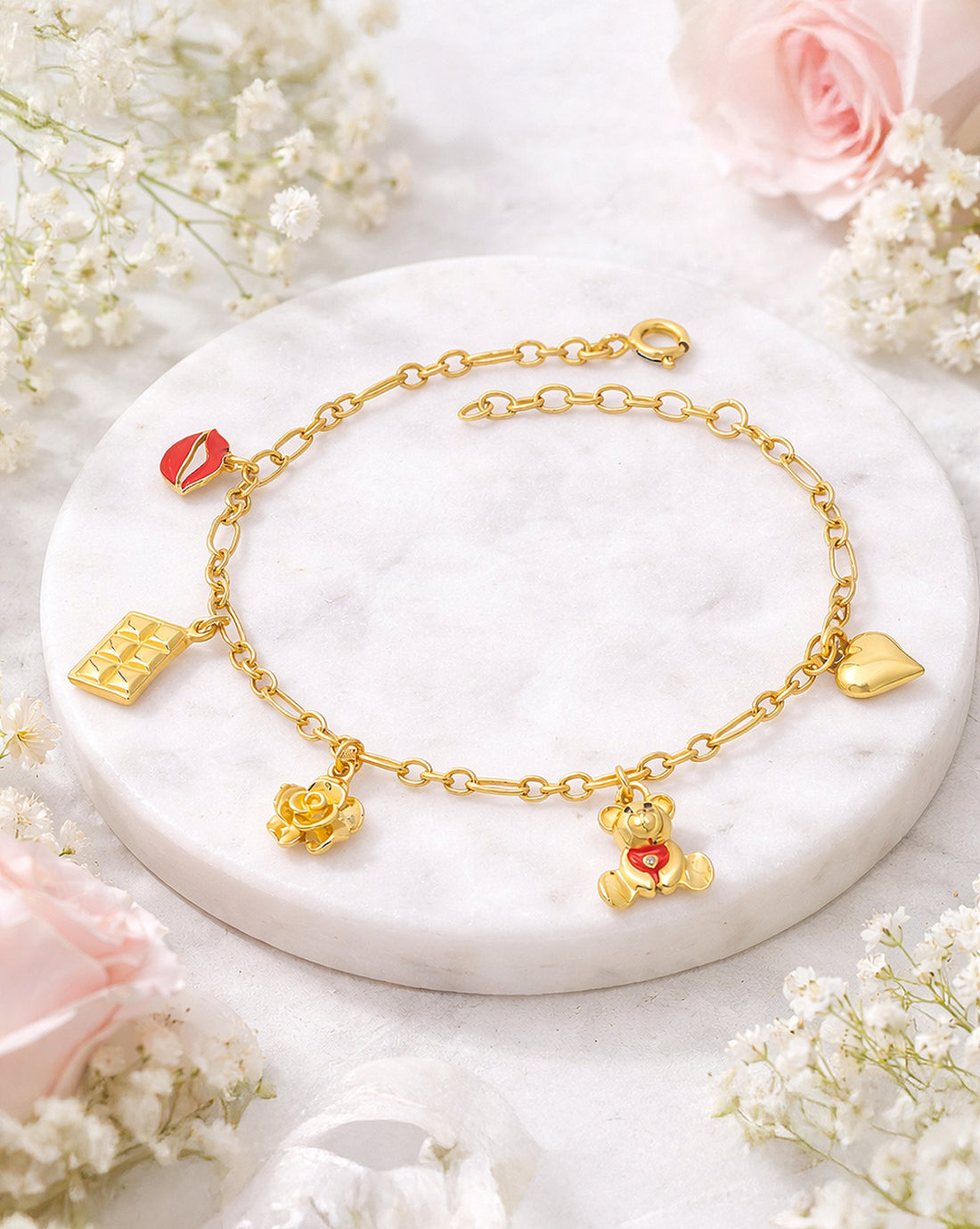 18kt Gold Plated Dangling Floral Teddy Heart Charm Enamel Bracelet