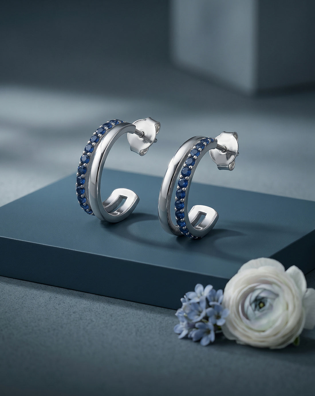 Rhodium Plated Sapphire Studded Half Hoop Earring