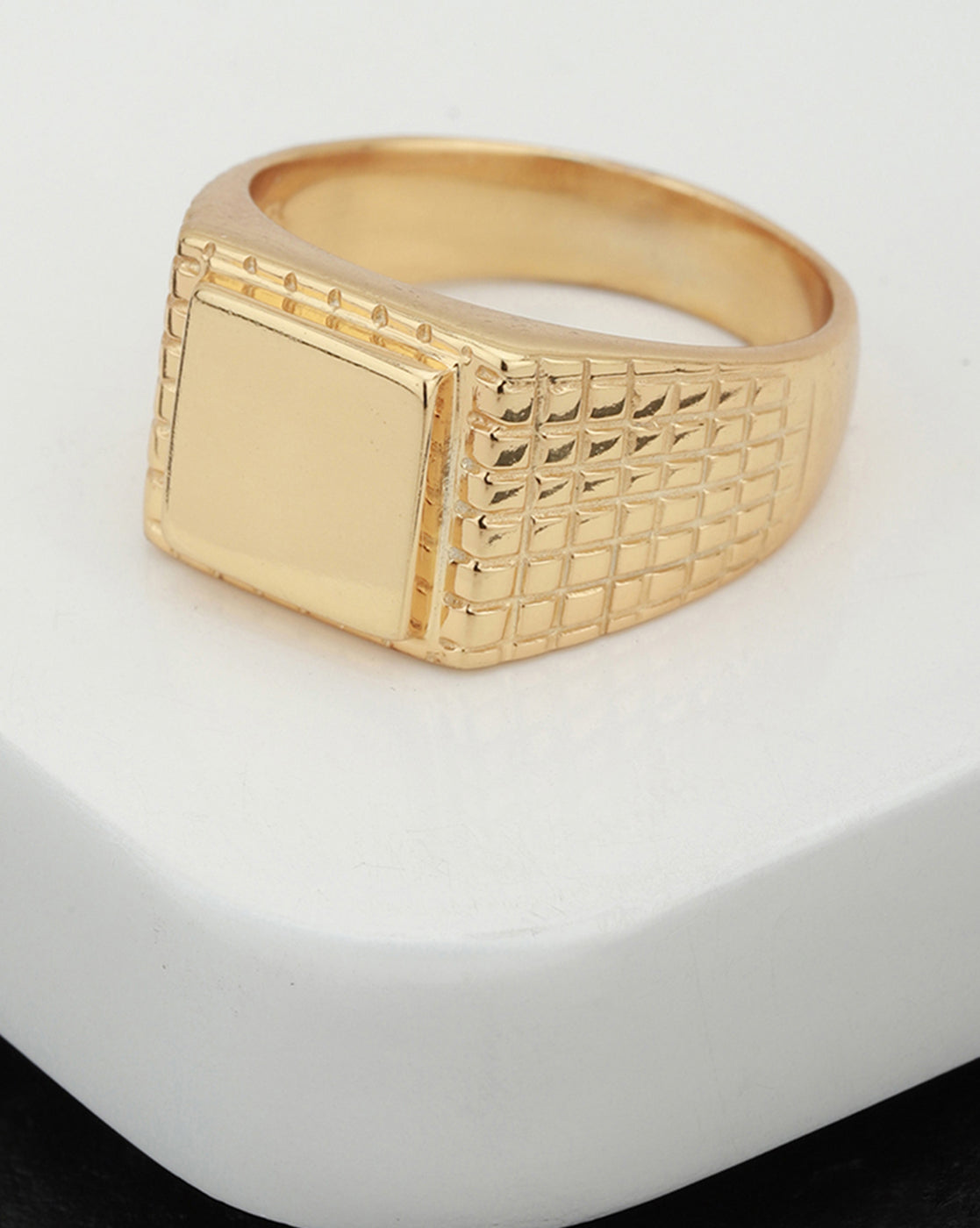 Men 18kt Gold Plated Square Signet Ring with Checkered Band